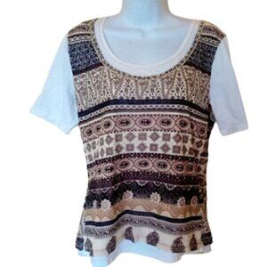 -White Beige Layered Look Mix Media Short Sleeve Top Size 44 Fits XL